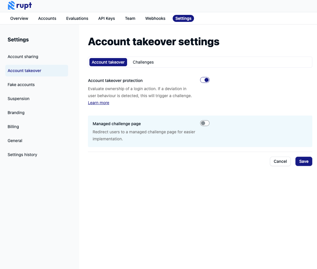 Account takeover protection settings